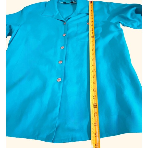 Melrose Silk Studio 100% SILK Teal Blue Button Up Short Sleeve Blouse Sz M - Picture 8 of 9